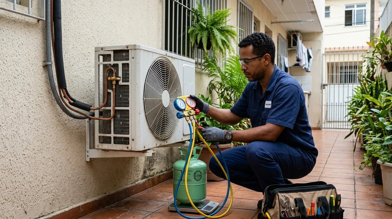 Técnico fazendo carga de gás na condensadora do ar-condicionado em Caxias do Sul‑RS