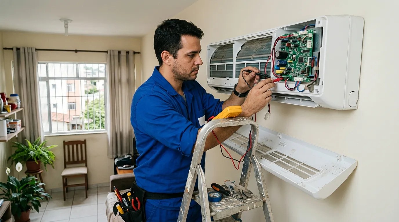 Técnico trocando a placa eletrônica de ar-condicionado split em Caxias do Sul‑RS