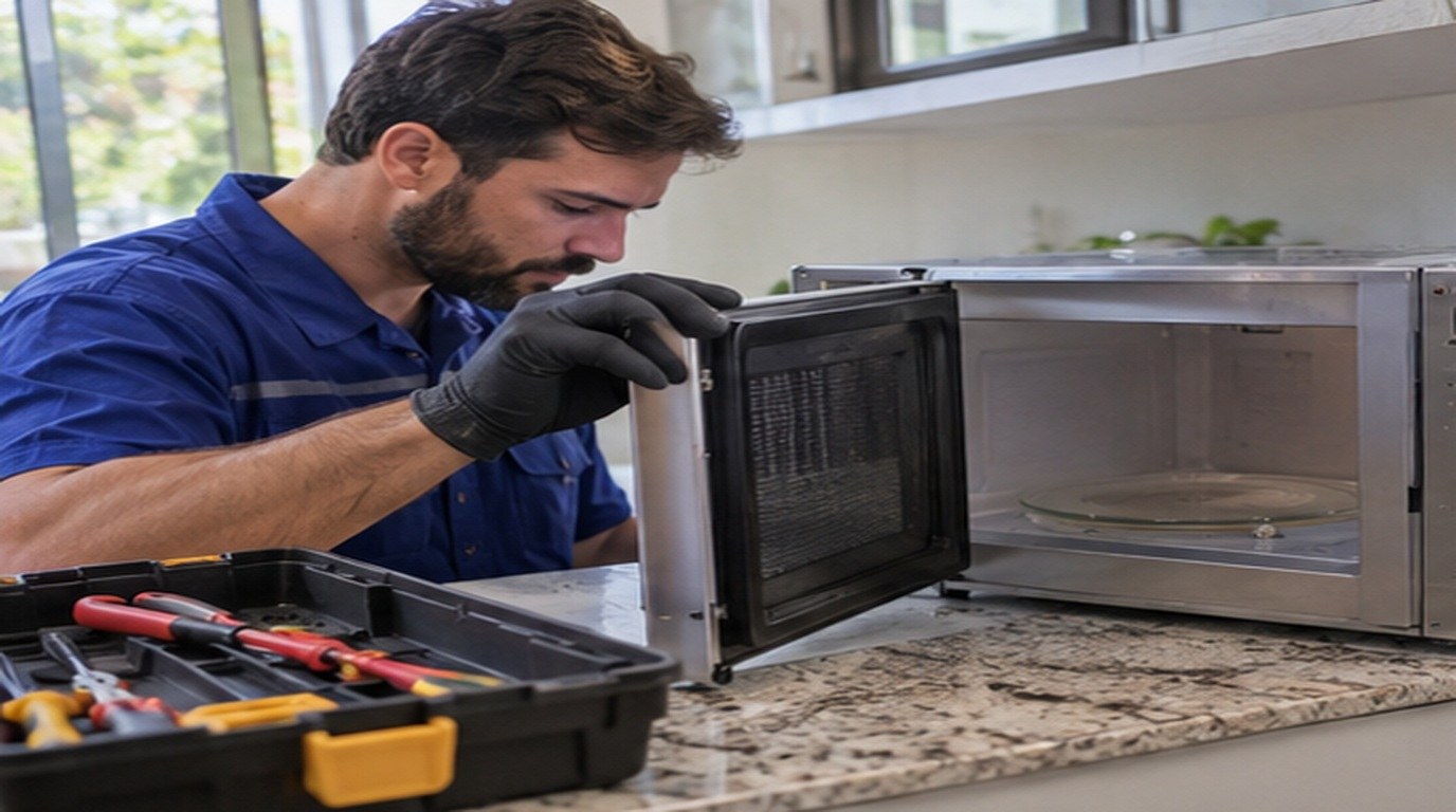 Conserto de micro-ondas em Caxias do Sul‑RS: técnico abrindo um micro-ondas de bancada
