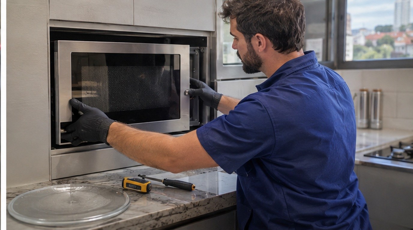 Conserto de micro-ondas de embutir em Caxias do Sul‑RS: técnico encaixando o aparelho no armário