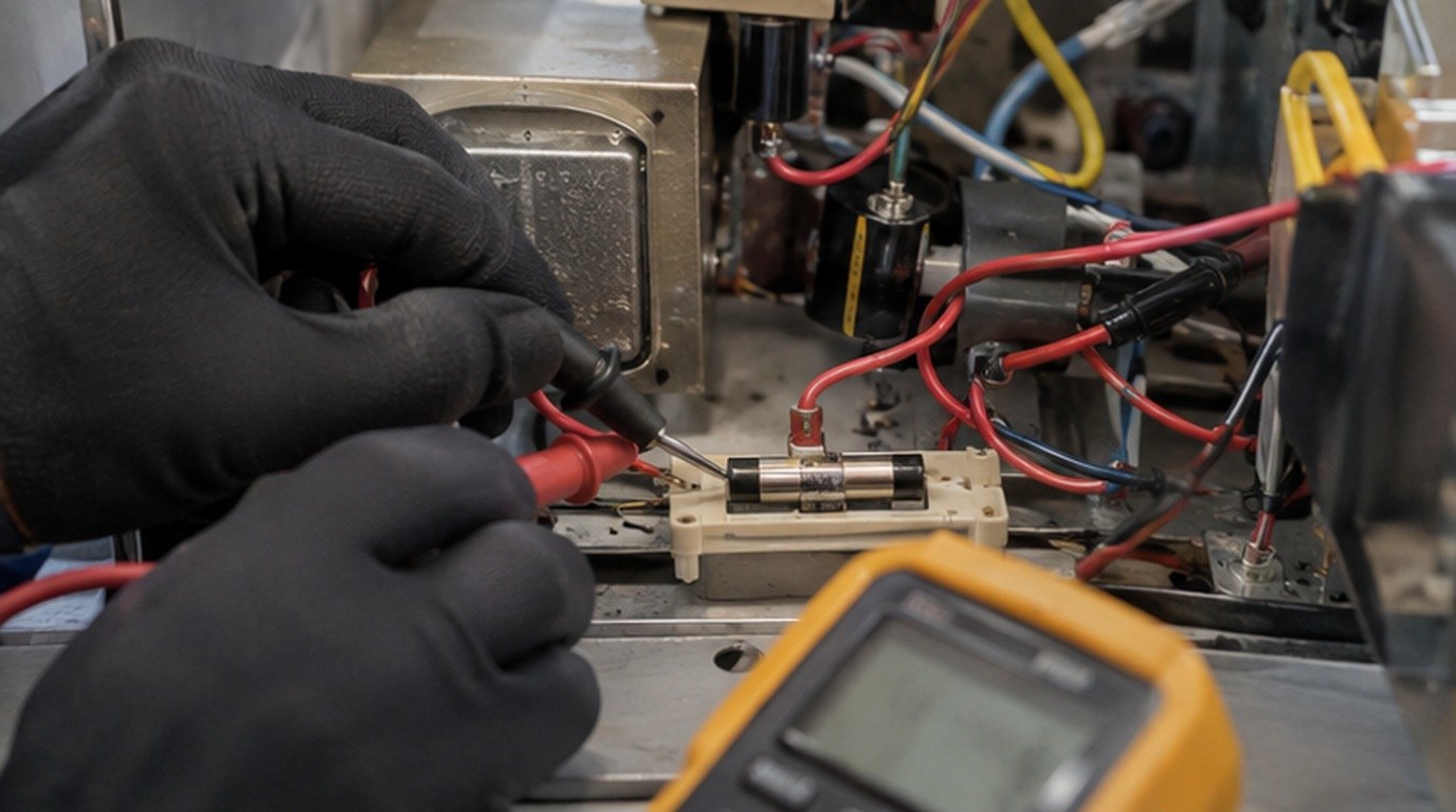 Conserto de micro-ondas em Caxias do Sul‑RS: teste do fusível e do diodo de alta tensão