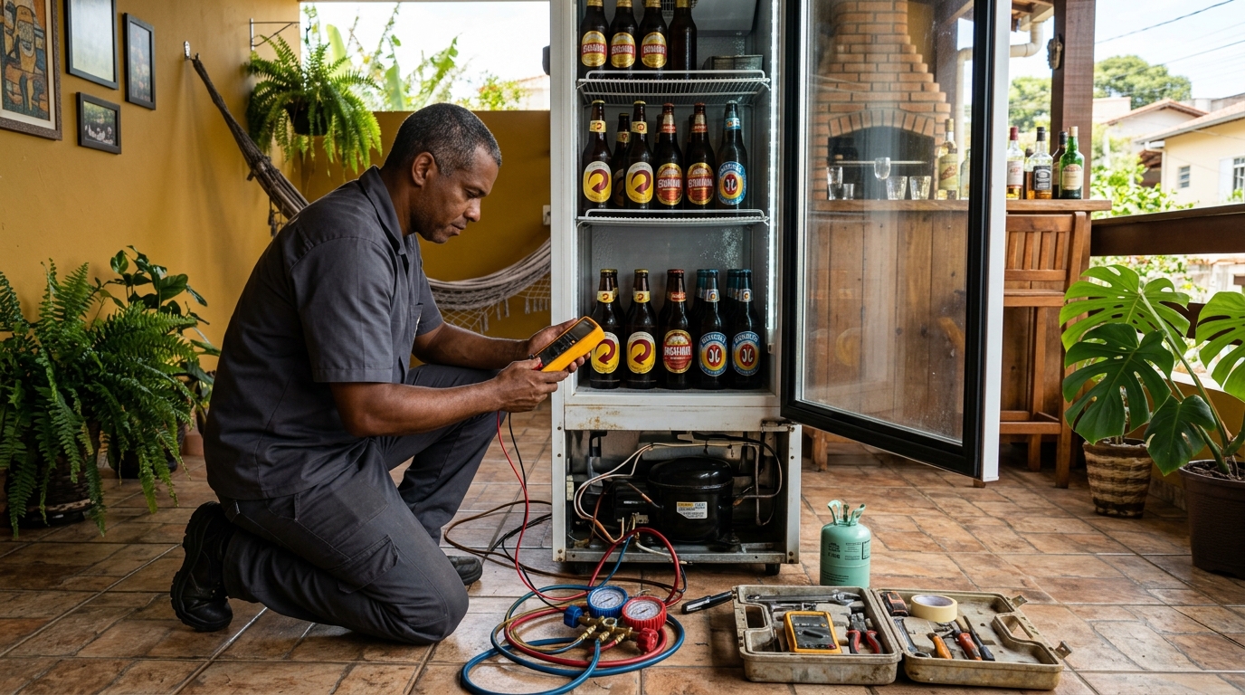 Placa eletrônica de cervejeira em reparo na bancada no Serrano, Caxias do Sul‑RS
