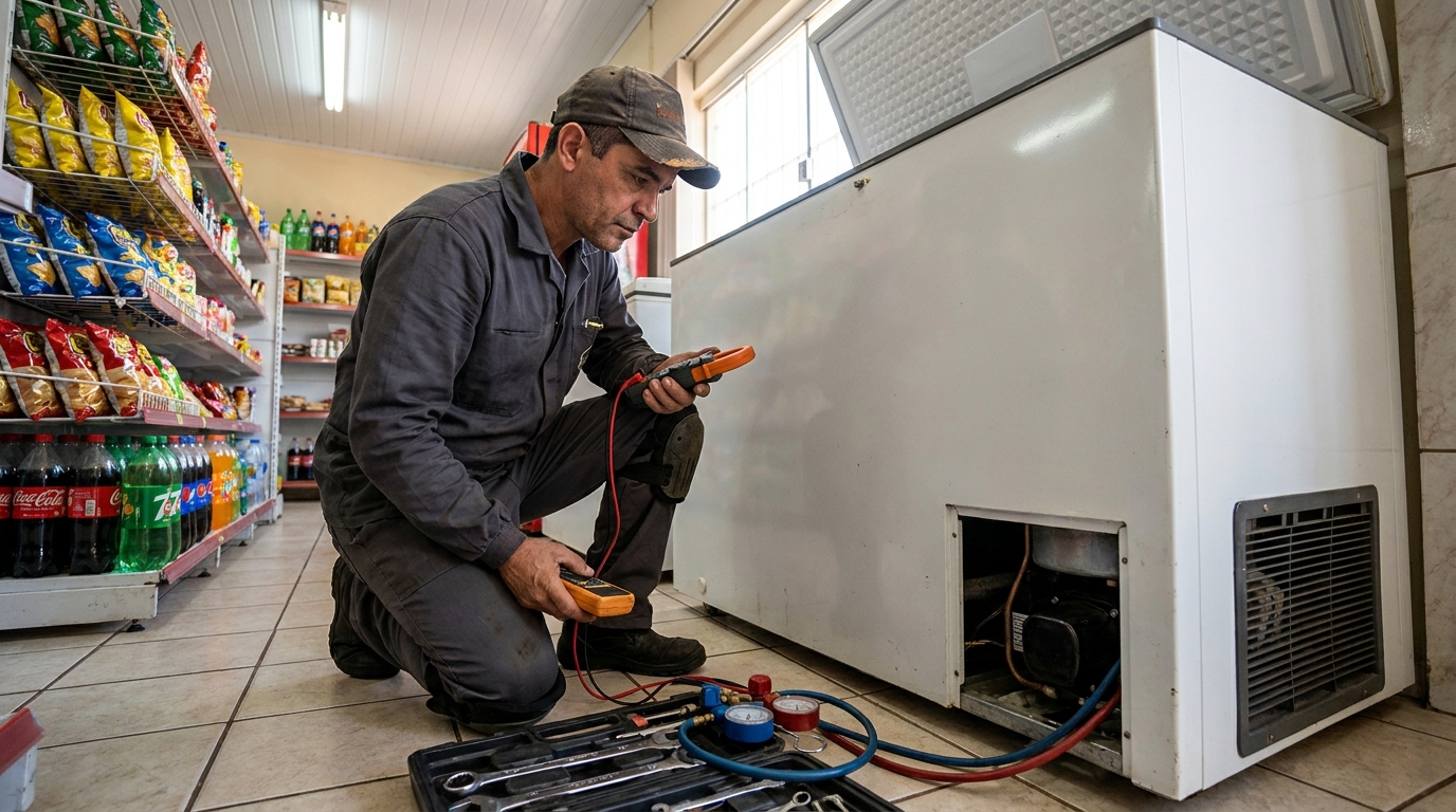 Reparo da placa eletrônica de um freezer em atendimento no Centenário, Caxias do Sul‑RS