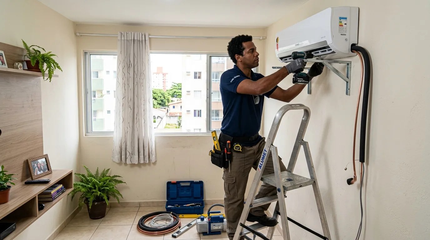 Técnico instalando ar-condicionado split em residência em Caxias do Sul‑RS