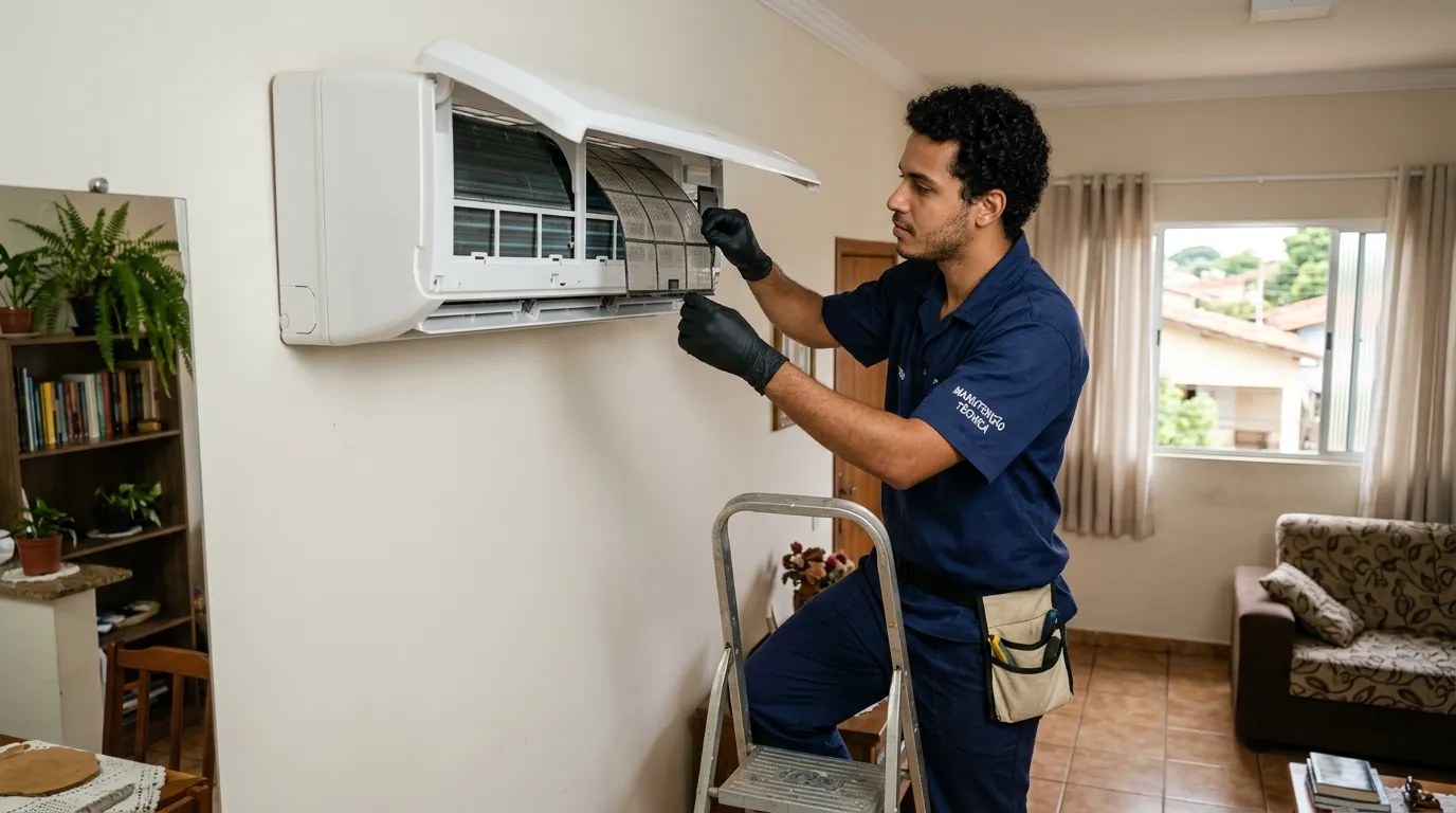 Técnico fazendo limpeza e higienização de ar-condicionado split em Caxias do Sul‑RS