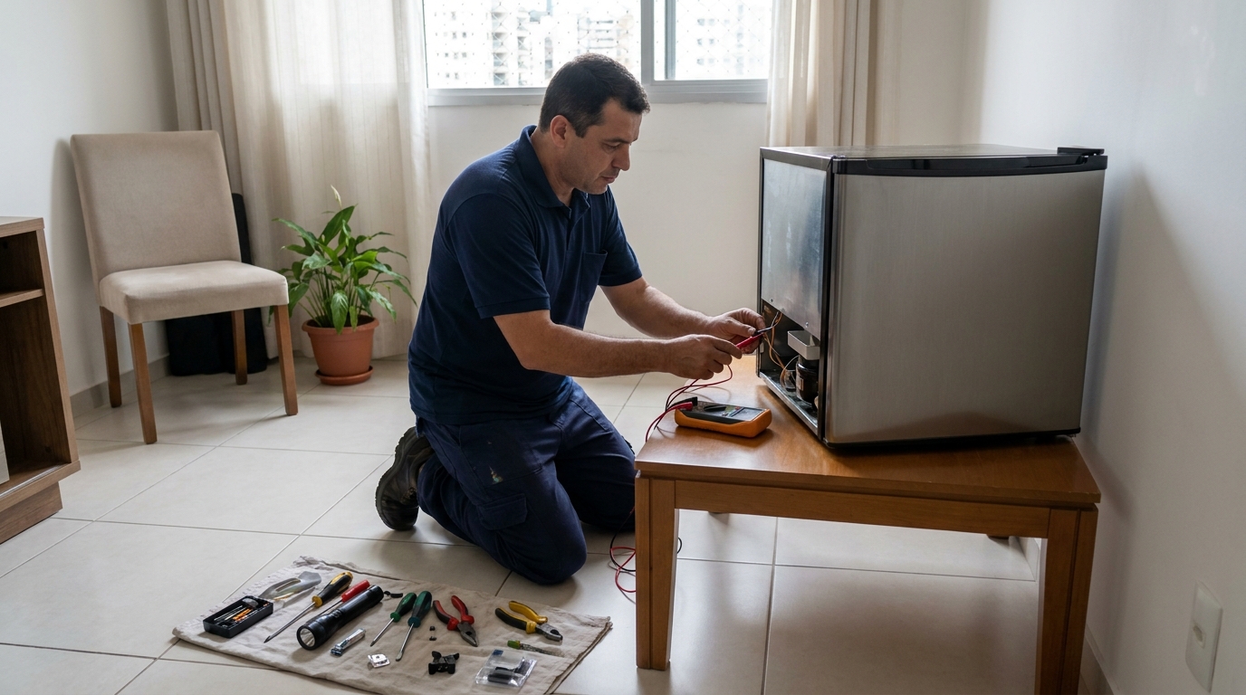 Técnico revisando o motor de um frigobar no Centro, Caxias do Sul‑RS
