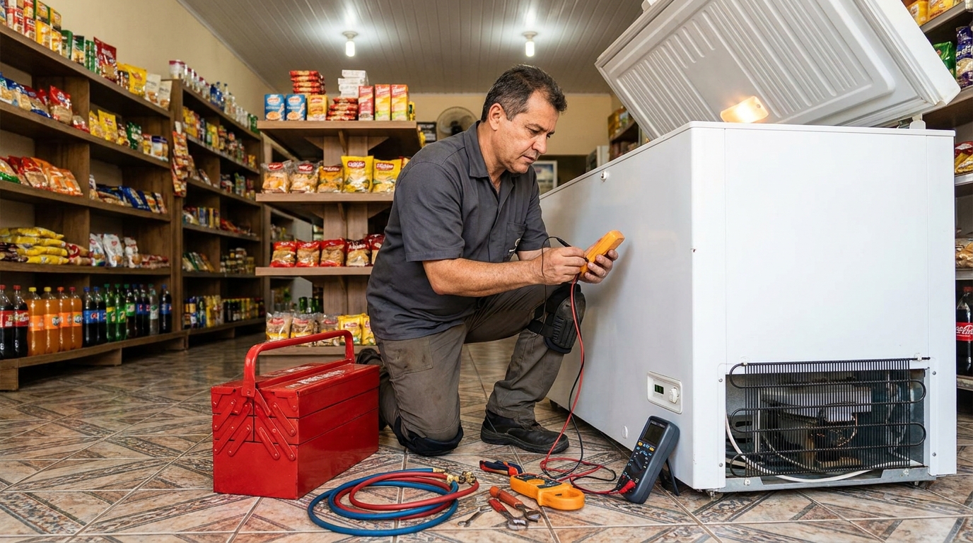 Manômetro conectado ao circuito durante recarga de gás de freezer no Centenário, Caxias do Sul‑RS