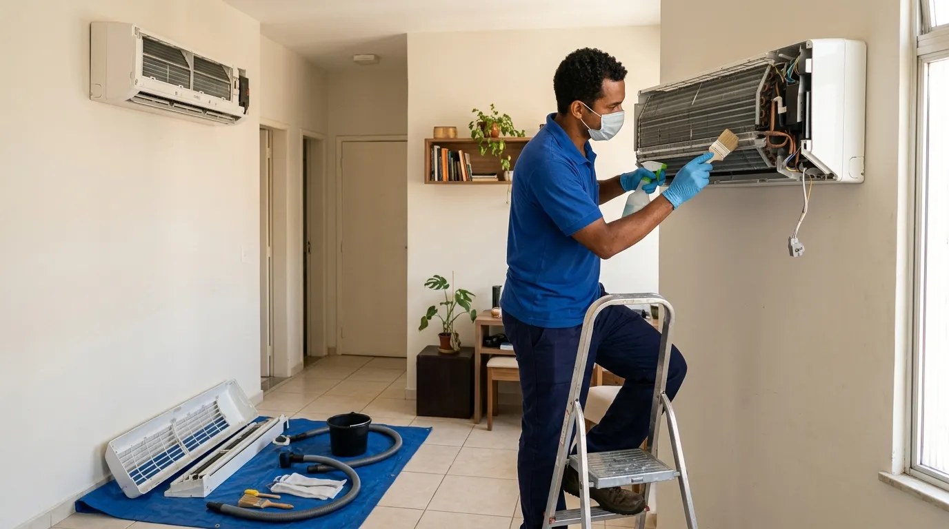 Técnico fazendo manutenção de ar-condicionado split em Caxias do Sul‑RS