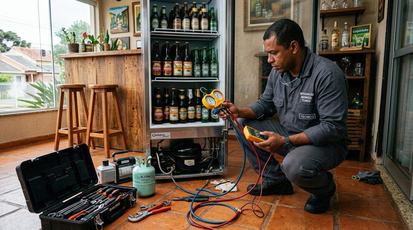 Técnico conferindo a temperatura de uma cervejeira durante atendimento no Serrano, Caxias do Sul‑RS