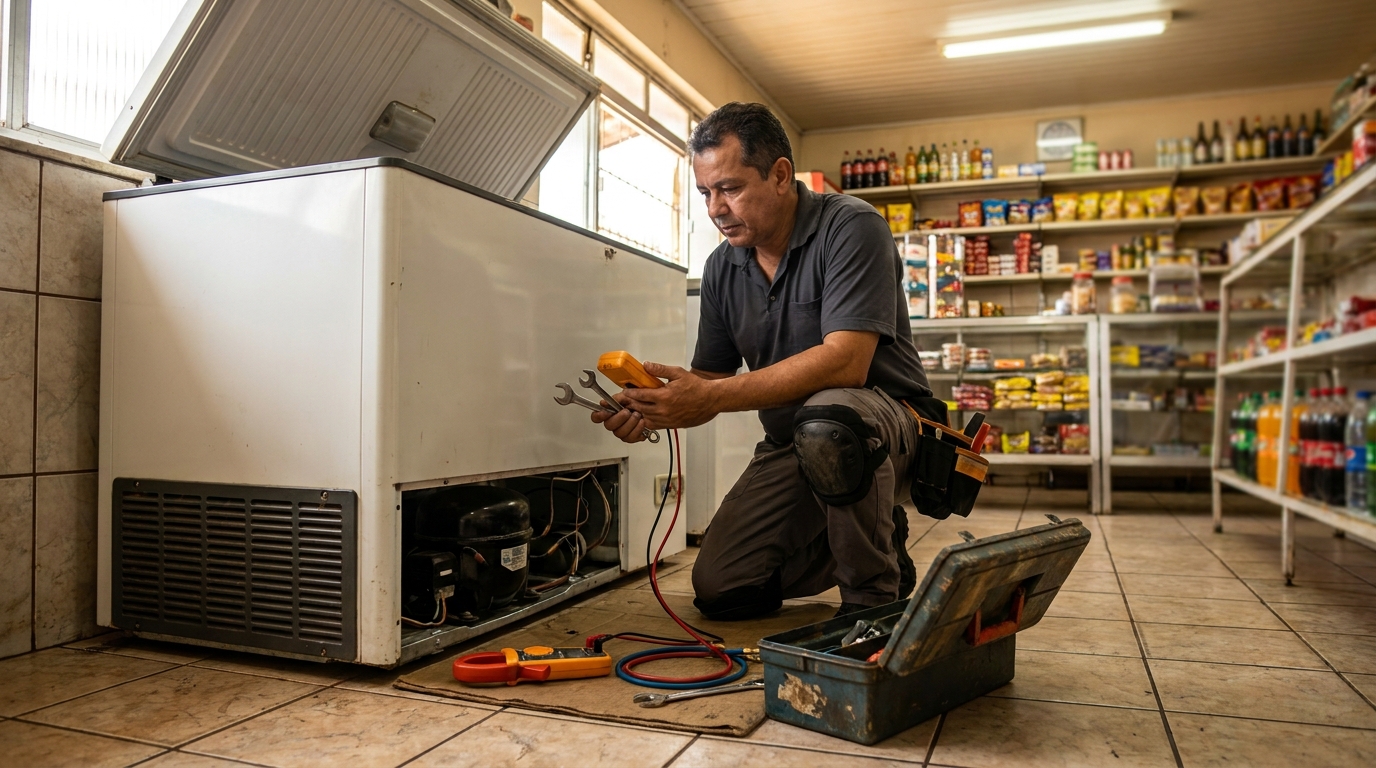 Técnico avaliando um freezer vertical durante atendimento no Centenário, Caxias do Sul‑RS